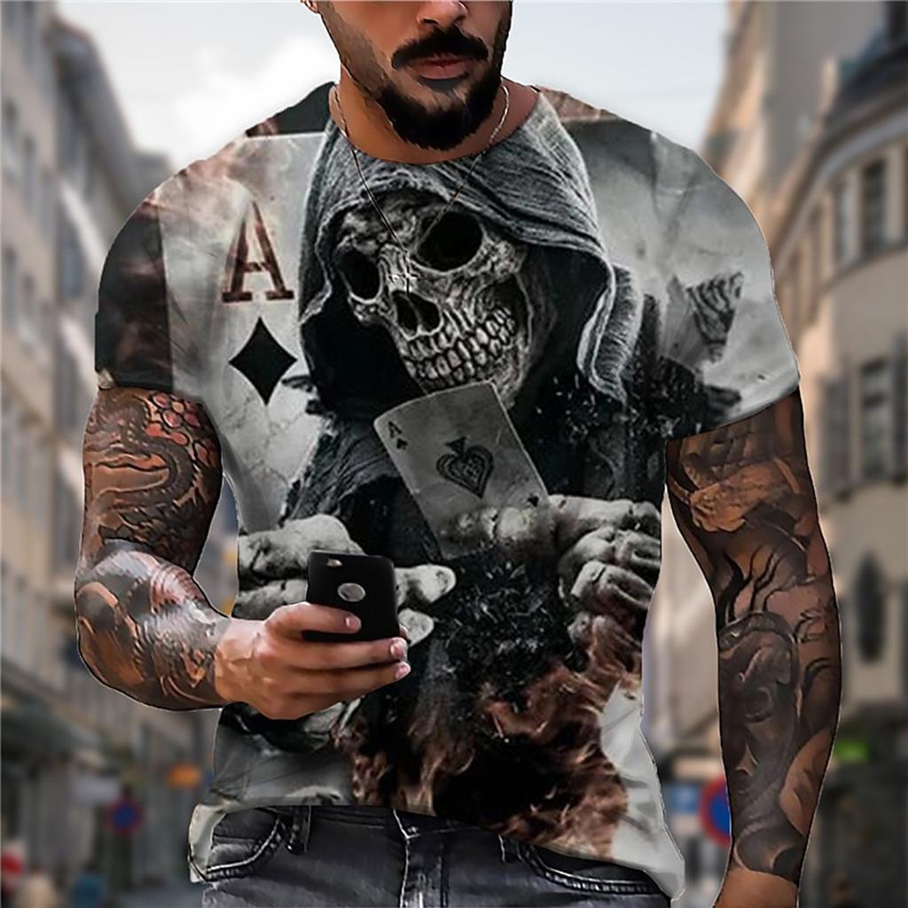 Trendy Men 3D Gothic Skull T-shirt Black Round Neck Short Sleeve Street Style Halloween Eye Catching Fashion Casual Top