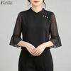 ZANZEA Women Casual Round Neck Polka Dot Print Splice 3/4 Sleeve Loose Blouse