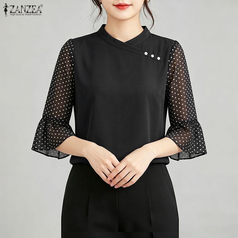 ZANZEA Women Casual Round Neck Polka Dot Print Splice 3/4 Sleeve Loose Blouse