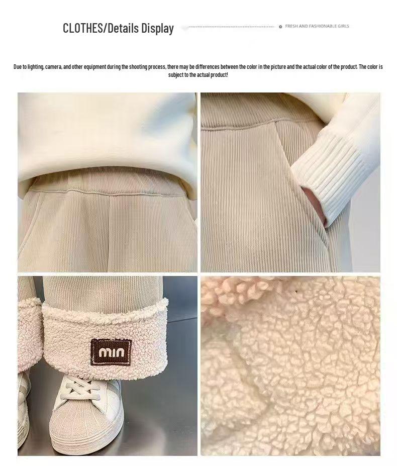 Girls' Warm Lambswool Wide-Leg Winter Pants