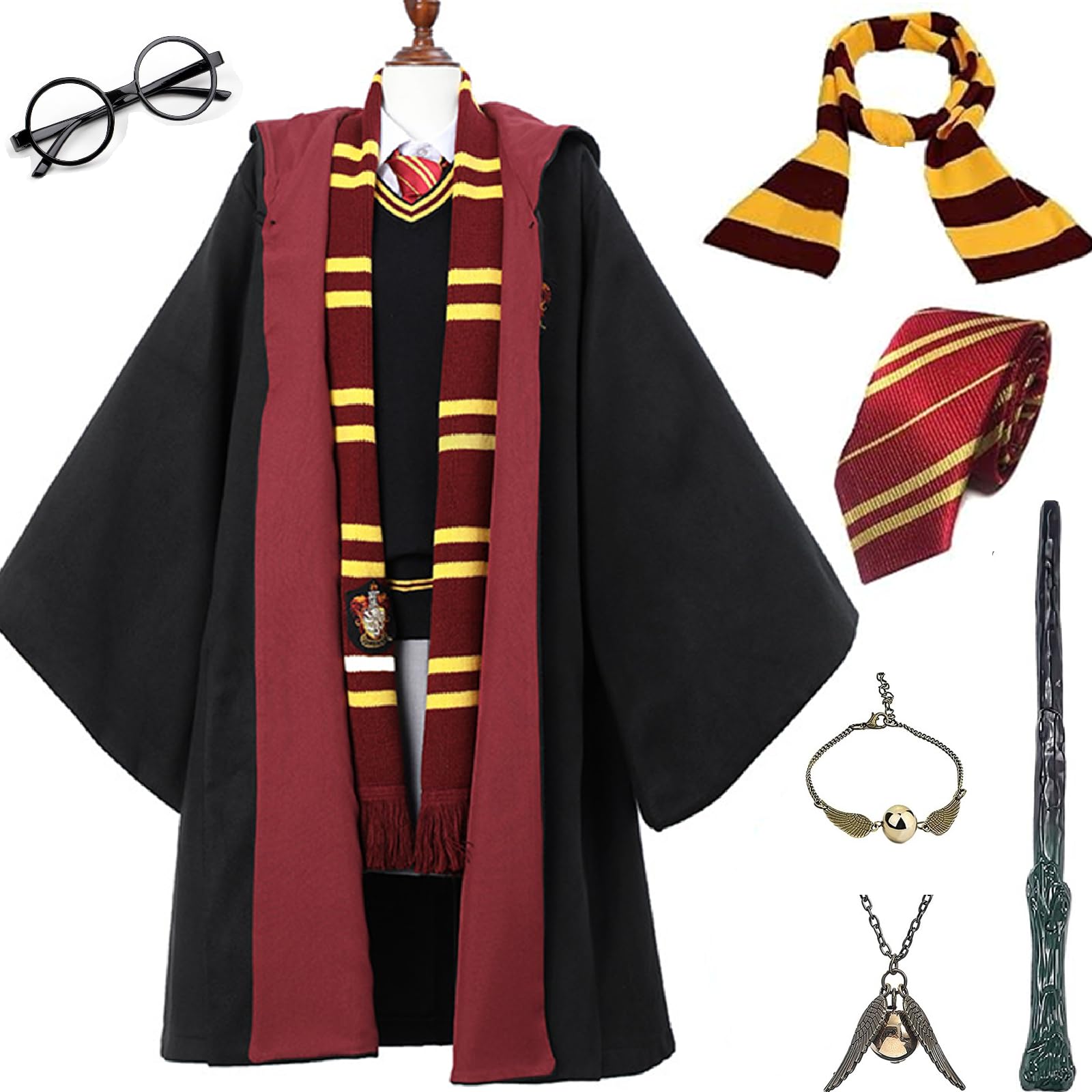 

Хэллоуинская мантия в комплекте 4 9 Костюм для косплея Очки Галстук Шарф Волшебная палочка 2 Костюм Косплей Унисекс [TUAHOUS] Набор из 7 предметов, Цвета, Размеры, (Платье + + + +