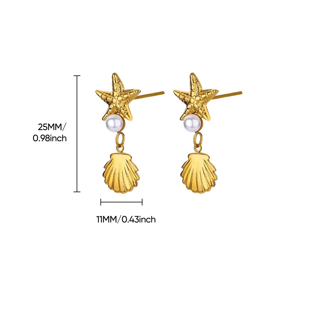Dainty Hanging Shell Pearl Starfish Stud Earrings For Women Elegant Gold Color Stainless Steel Drop Earrings Jewelry Party 2025