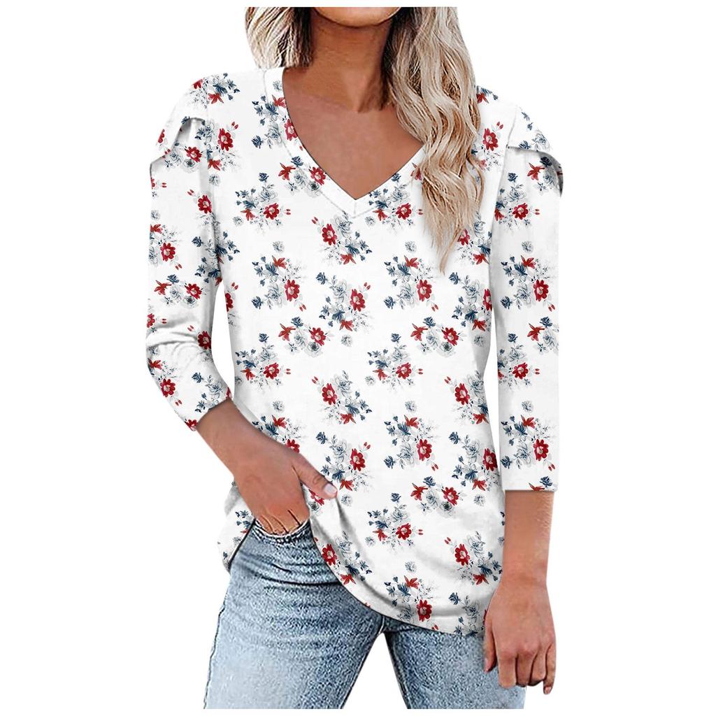 3/4 Petal Sleeve Shirts For Women Print Graphic Tees Blouses Uniform Overalls Pullover