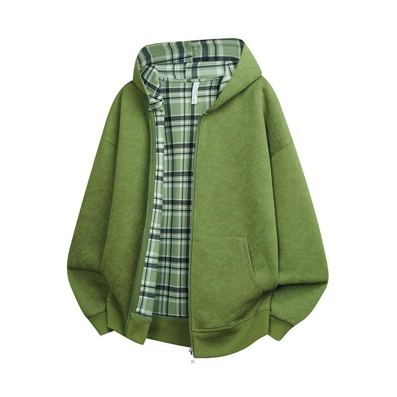 Mens Plaid Hooded Zip-Up Sweatshirt Loose