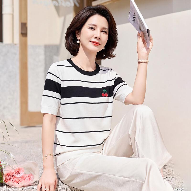 

Women s Summer Wool Blend Printed Short Sleeve Knit T-Shirt One Size