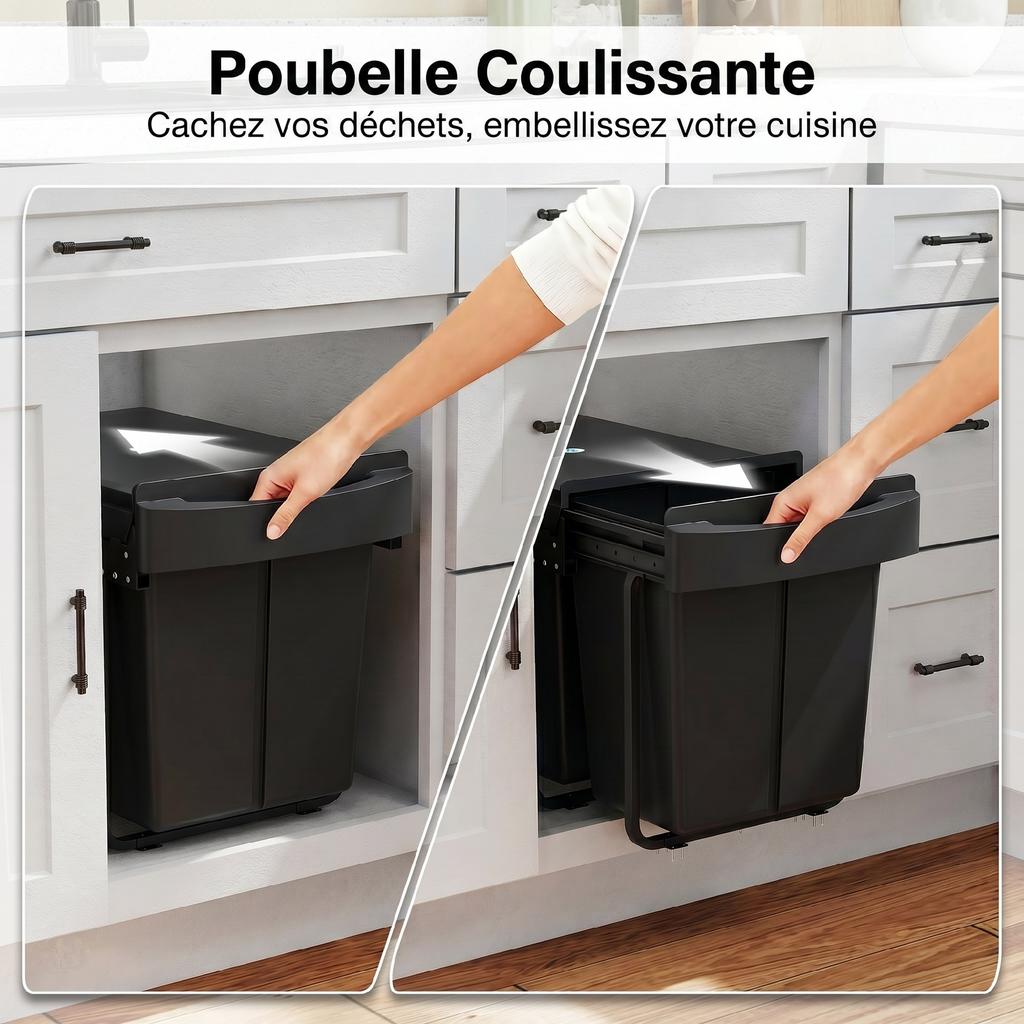 Sliding Under-Sink Waste Bin, 2 x 20 L, Removable Buckets, 52 x 33.5 x 41 cm, Black