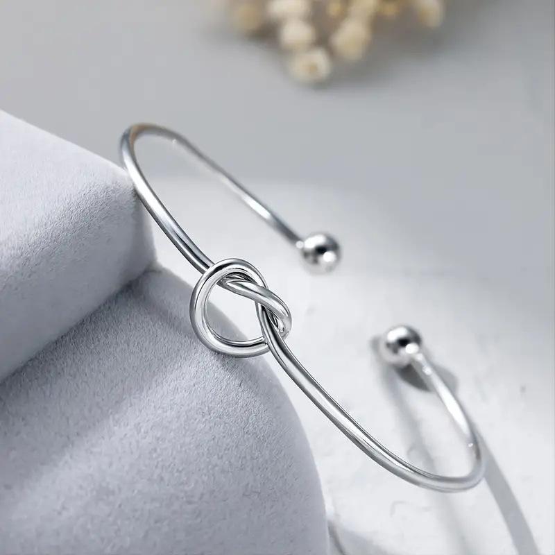 Silver Plated Love Knot Open Cuff Bangle, Minimalist Adjustable Knot Bracelet for Women