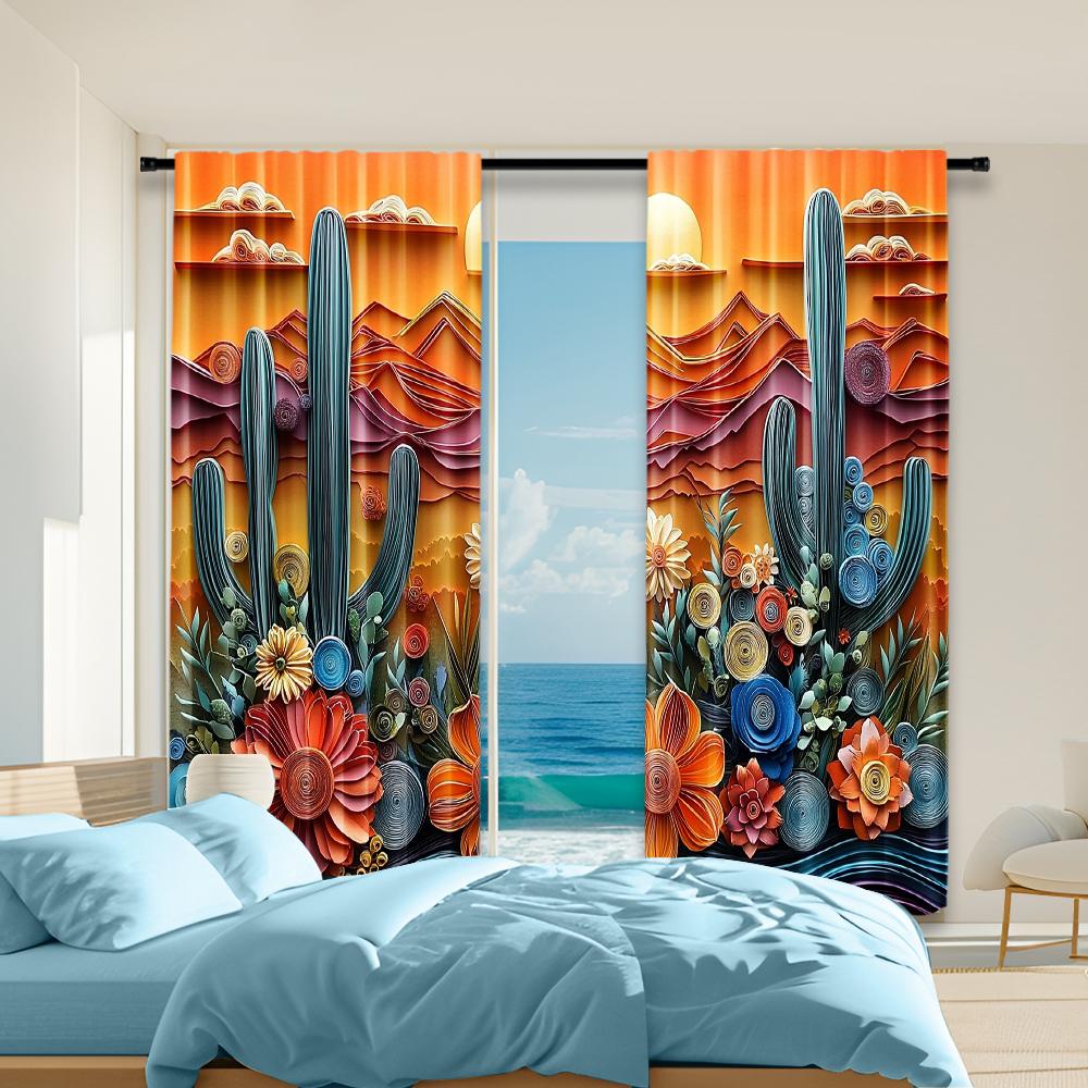 

Set Of 2 Versatile Polyester Transparent Curtains Home Decoration Cactus Pattern Printing Use Bedrooms Living Made Bedroom Window Treatment W100*H70(CM)-Hooks&2PCS