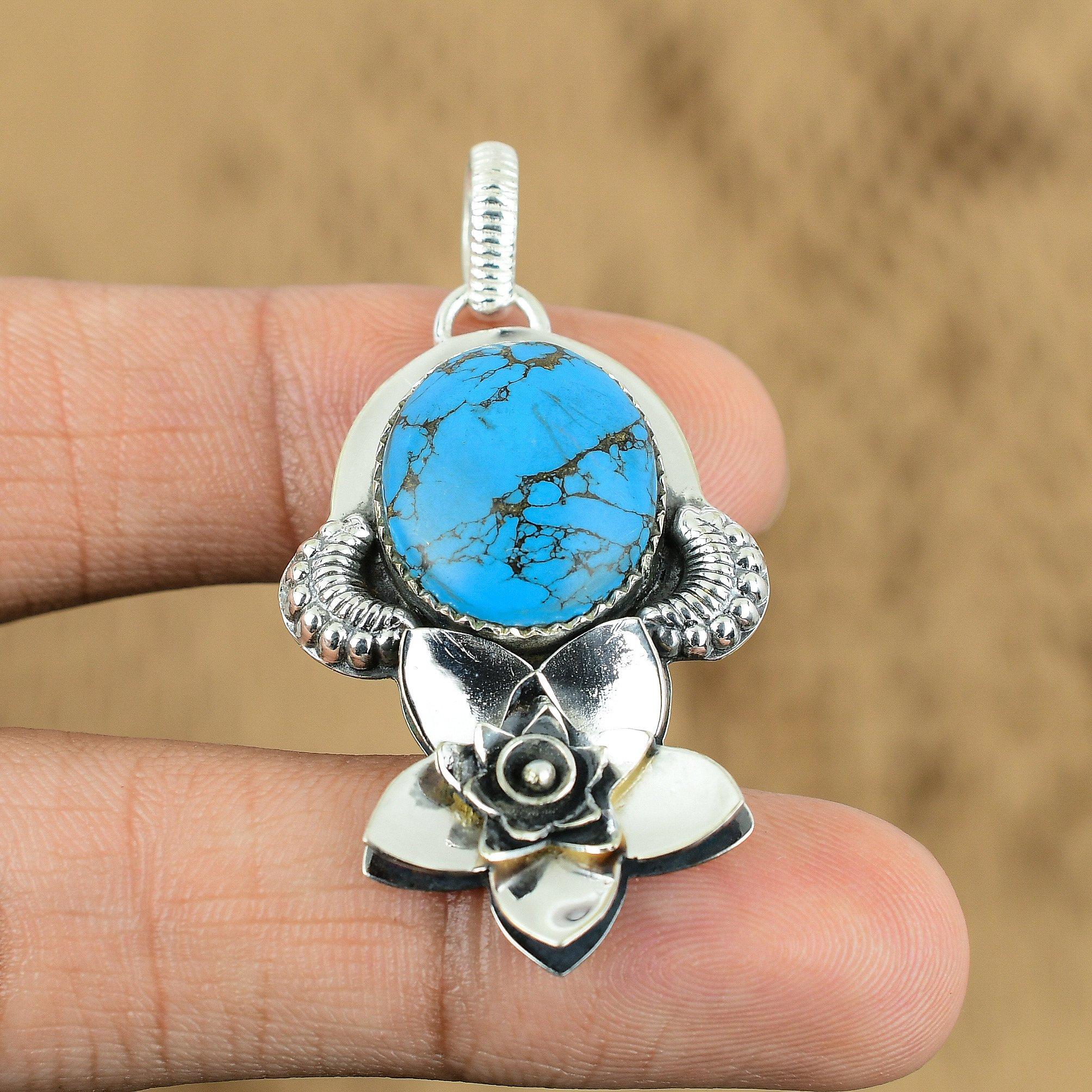 

Sterling Silver Oval Tibetan Turquoise Gemstone Daughter Flower Pendant Jewelry