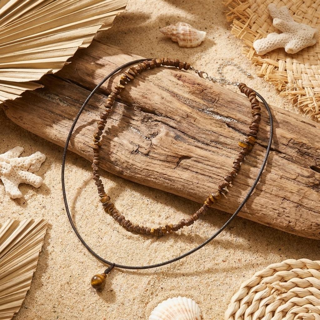 Double Layer Tiger Eye Stone Beads Wooden Beaded Necklace For Women Men Vintage Bohemian Fashion Geometric Choker Party Zircon