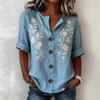 Blouse à manches trois quarts pour femme, col en V, coupe décontractée ample, broderies florales, chemise boutonnée, haut pour un usage quotidien en été