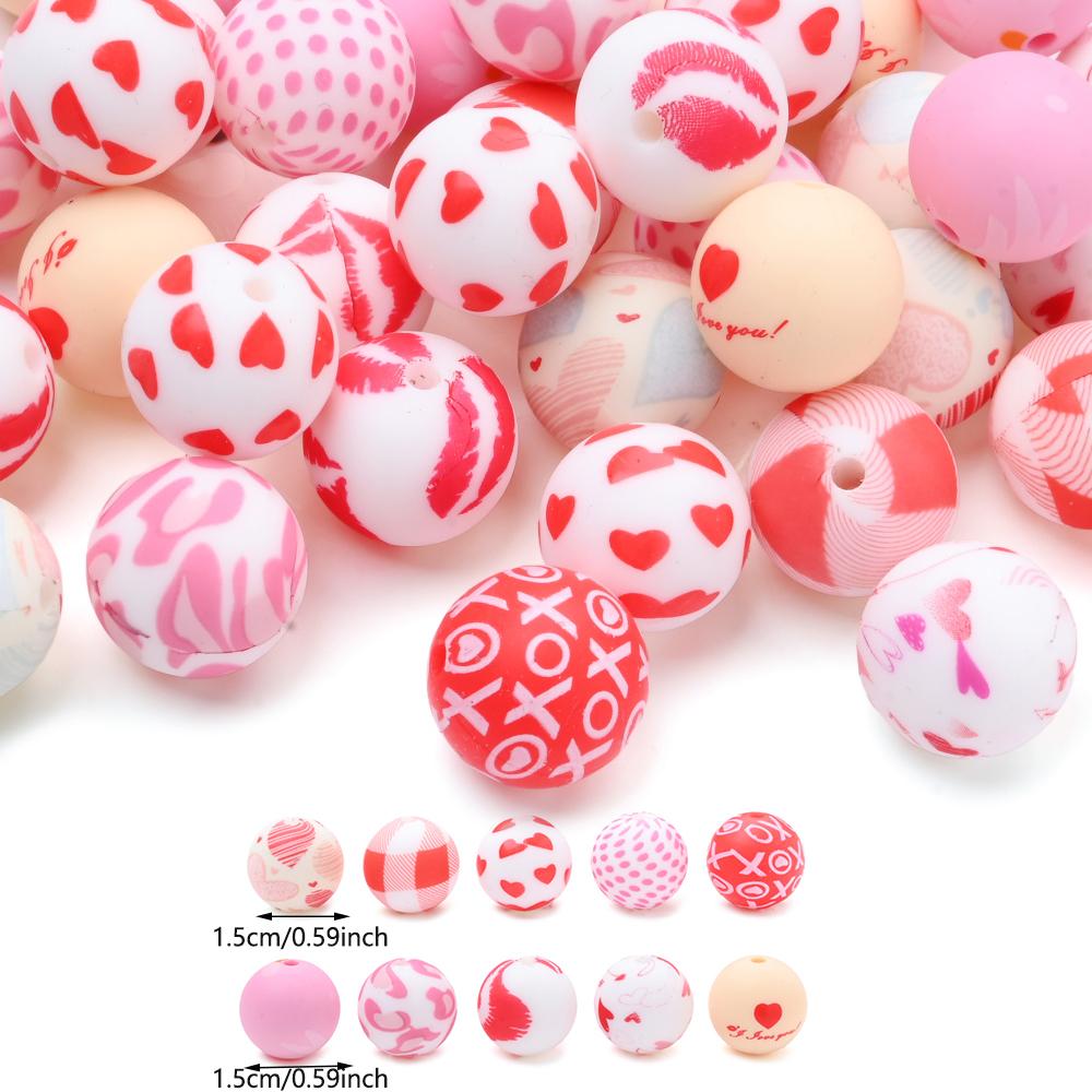 10Pcs 15mm Baby Infant Nipple Appeal Other Chain Clips Dummy Holder Nipple Accessories Pink Love Print Food Grade Silicone Beads