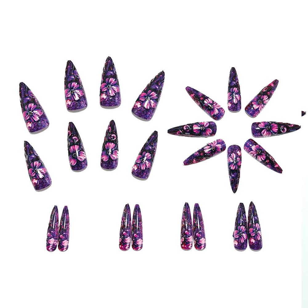 3D Embossed Long Pointed False Nails - Pure Desire Purple Series with Sweet Flower Design