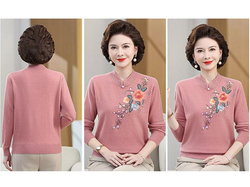 Elegant Embroidered Wool Qipao Collar Sweater for Autumn/Winter