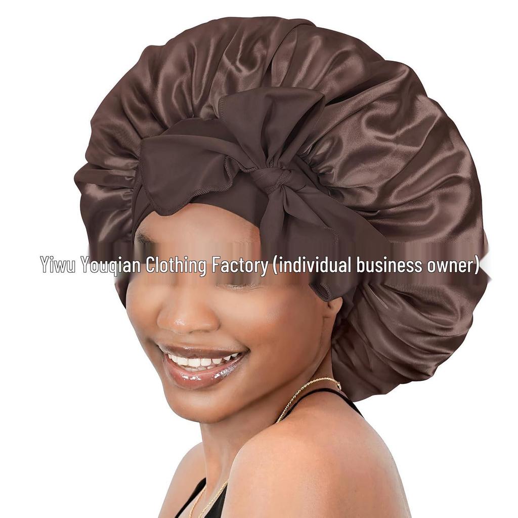 Elastische Schlaf- und Duschhaube aus Satin mit breiter Krempe für Damen – einfarbig, Größe L