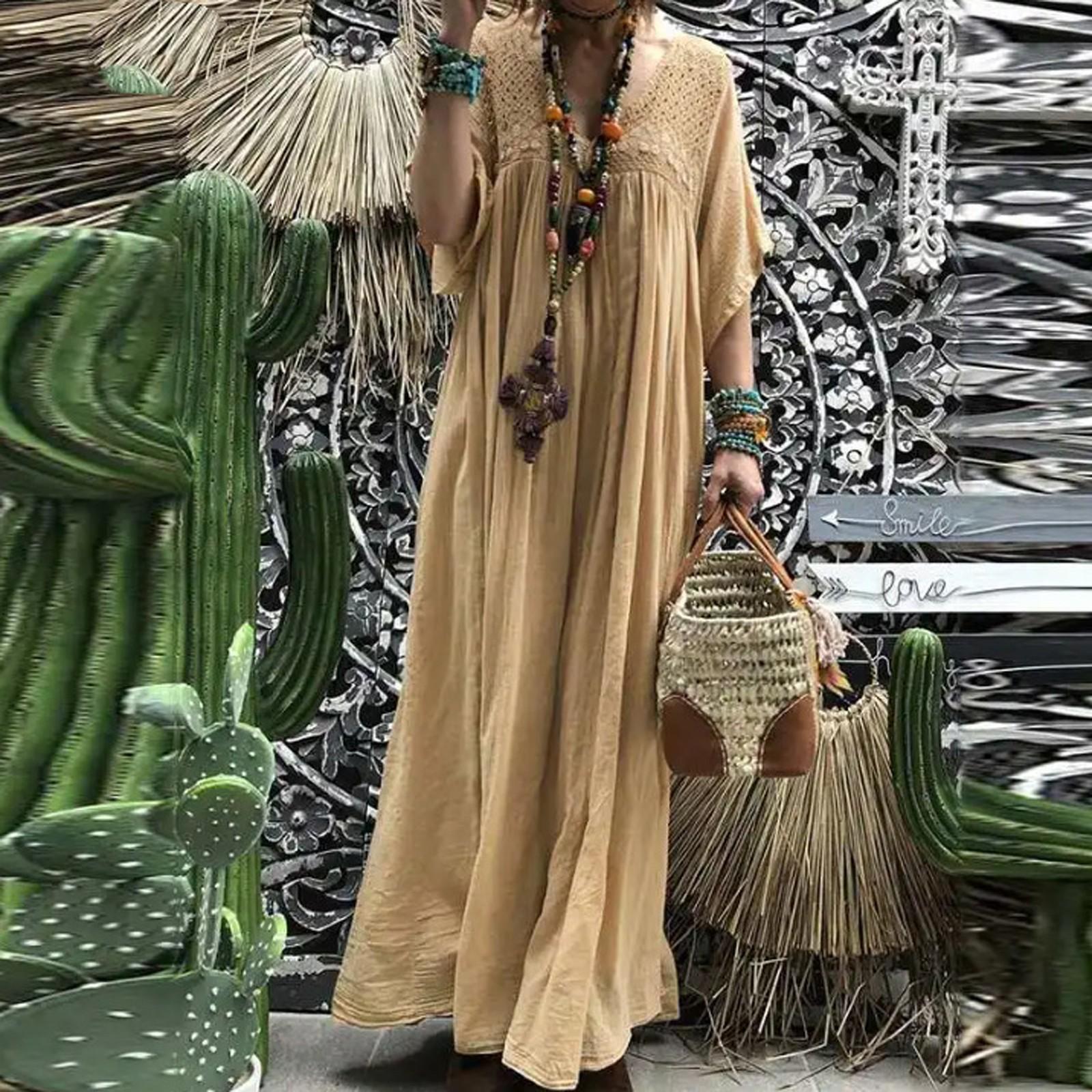 

Женское удлиненное платье, женское кружевное вязаное крючком летнее платье с V-образным вырезом и расклешенными рукавами, однотонный сарафан XL хаки