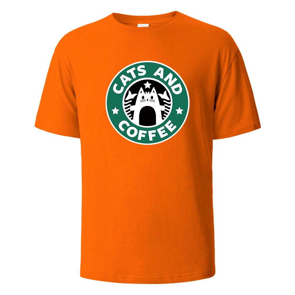 Cats And Coffee Street Funny TShirt For Men Fashion Casual Loose Cotton Clothing Crewneck Breathable Tshirt Hip Hop Tees