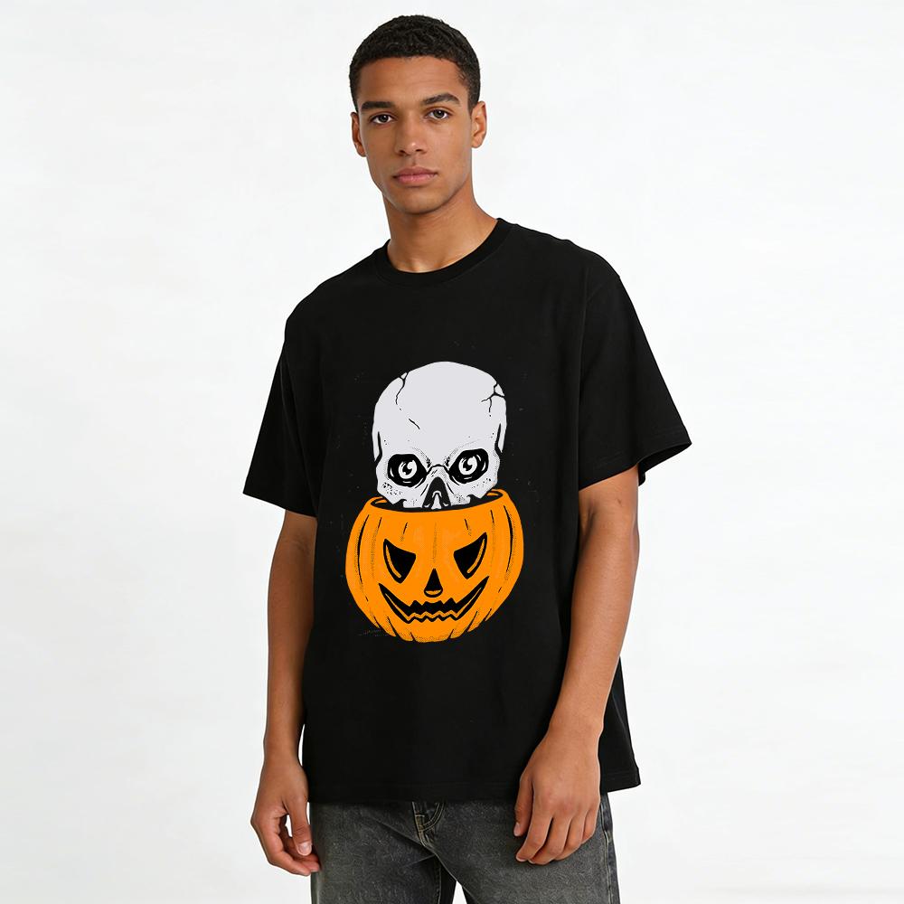 Halloween Themed Tee Skull In Jack O Lantern Graphic Casual Top Pure cotton T-shirt