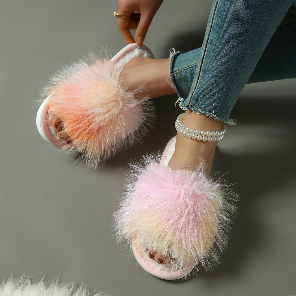 Ultra-Long Colored Plush Slippers Women'S Home Indoor Couple Home Straight Plush Slippers, Women Shoes