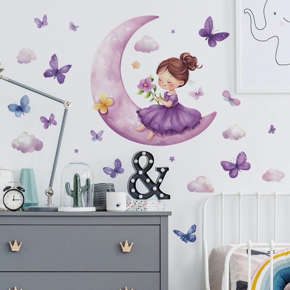 Kreskówkowy Sen Księżyc Mała Dziewczynka Sypialnia Salon Dom Ściana Tło Upiększanie Dekoracja Naklejki Ścienne