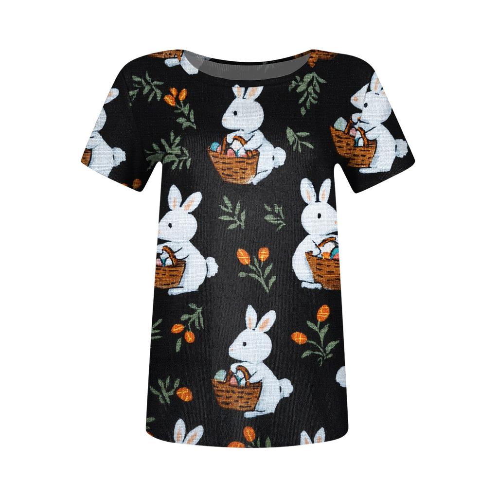 Women's Casual Fashion Round Neck Easter Print Short Sleeve Ribbed Top