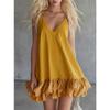 Women S Solid Color V Neck Ruffled Mini Slip Dress