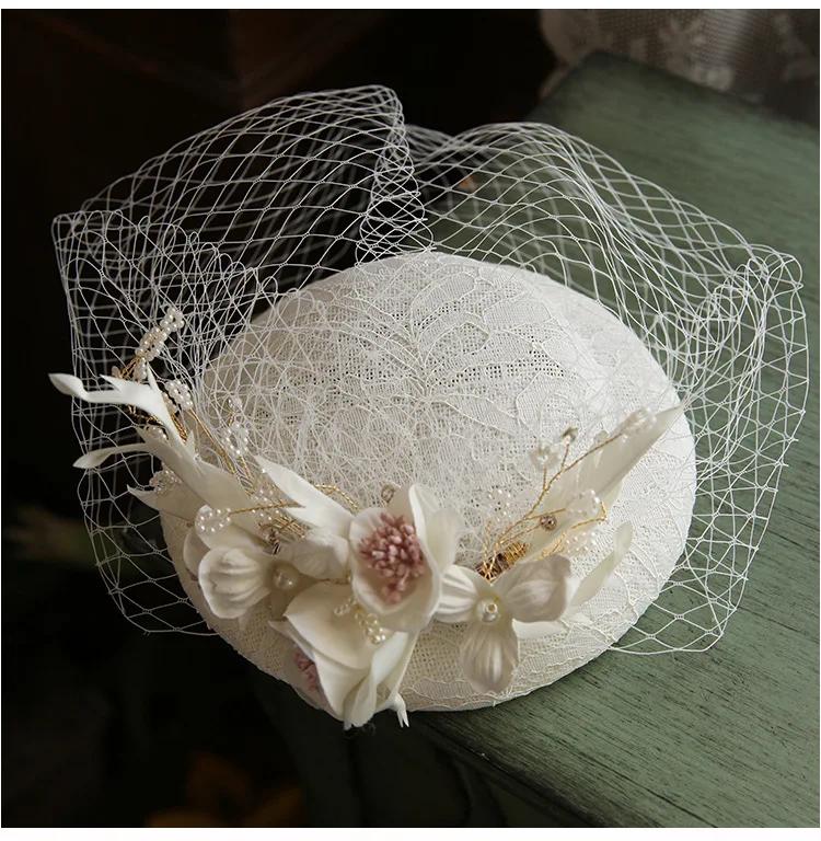 2025 New French White Vintage Mini Fascinator Hat Bridal Lace Net Wedding Veil Cap for Women