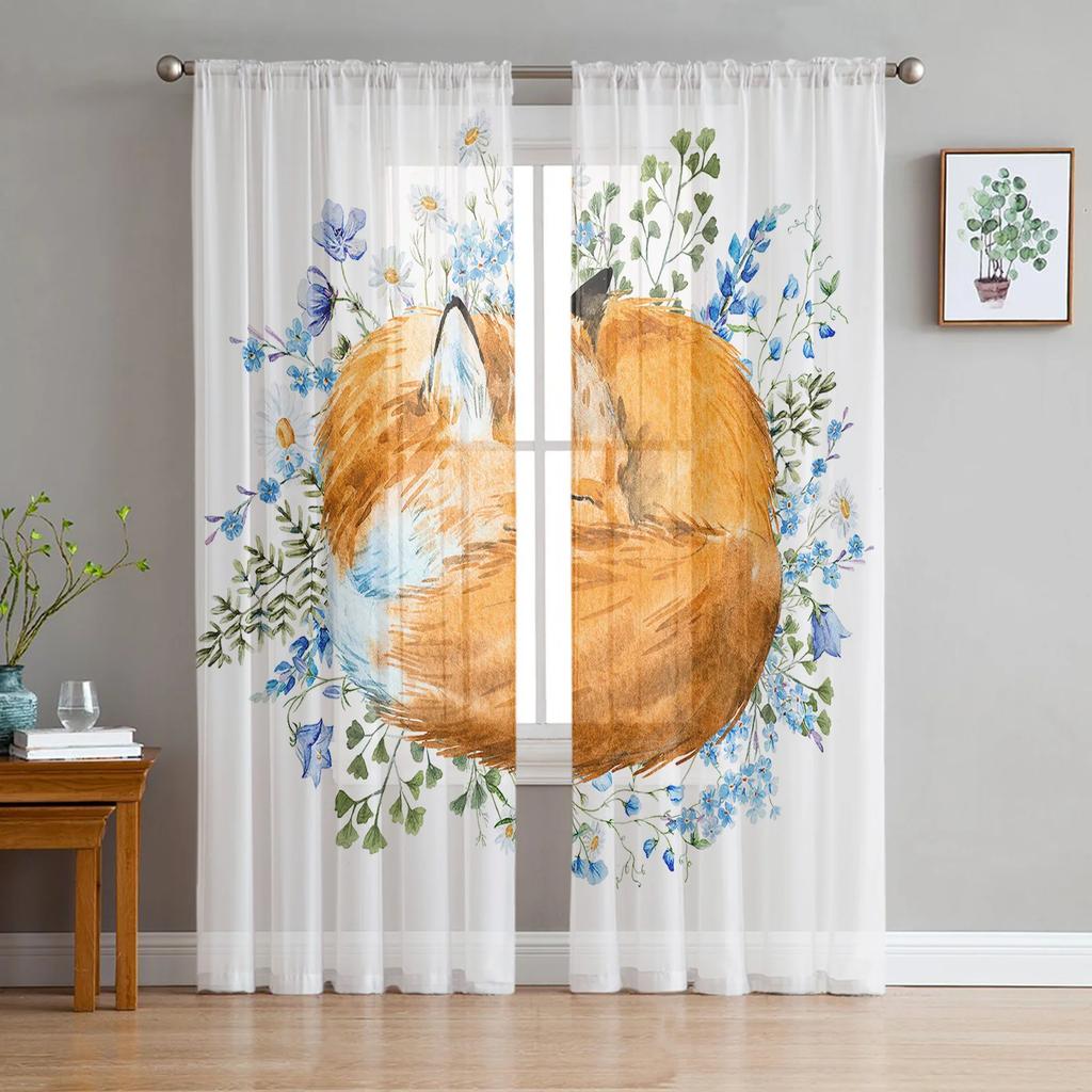 Animal Bird Fox Forest Winter Birch Tree Tulle Sheer Curtains for Living Room Bedroom Decor Window Curtain Voile Organza Drapes