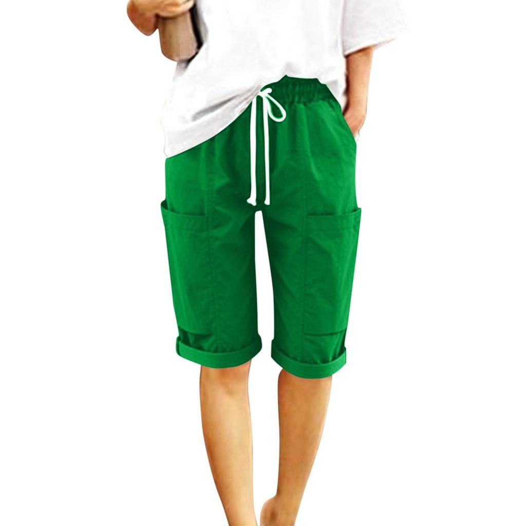 Women's Fashionable Color Elastic Waist Pocket Casual Loose Cotton And Linen Rolled Edge Five Quarter Shorts