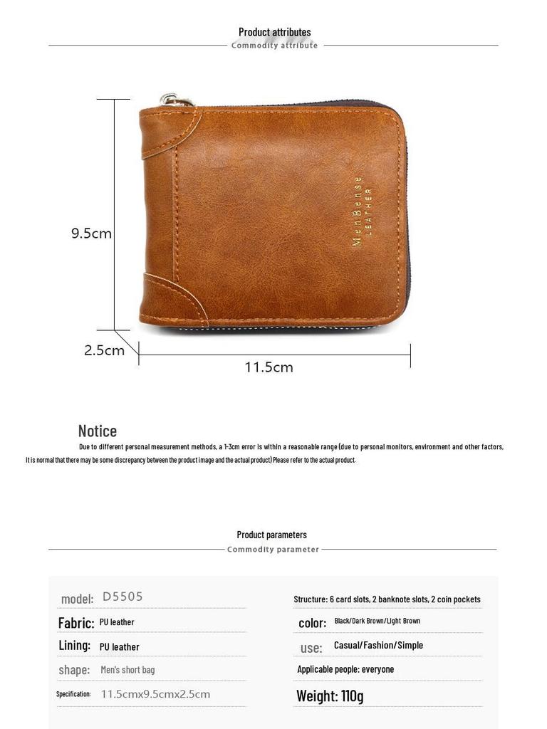 MenBense Men's Retro Zipper Wallet: Fashionable, Short, Large Capacity, Multi-Card Slots.