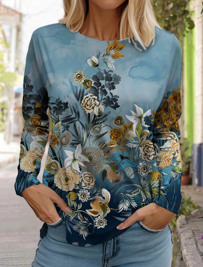 3D Print Floral Graphic Women's T Shirt Long Sleeve Tops Basic Design Fashion Round Neck Regular Fit Y2K Sweatshirt For Girls