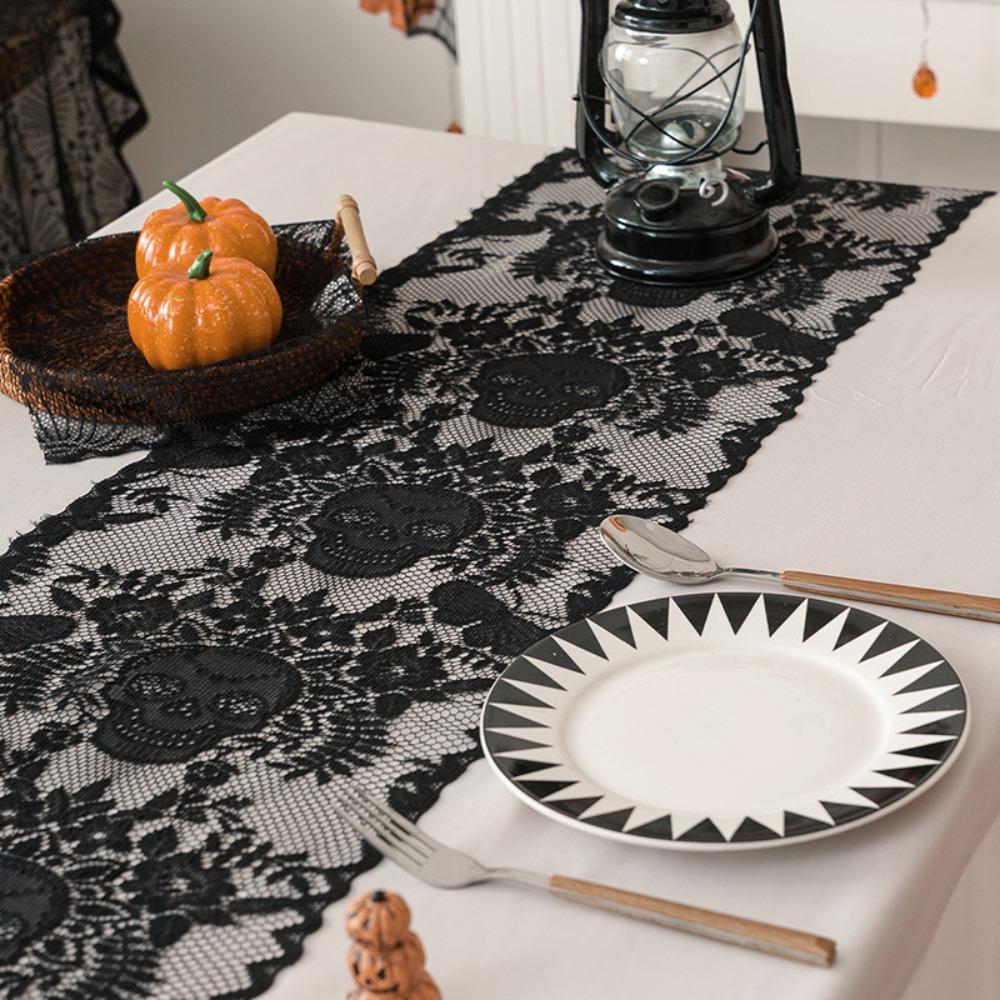 

Halloween Black Lace Table Runner Skull Design Soft Fabric Holiday Party Decor Dining Table Decoration Gothic Decor Home Decor 30x45 cm
