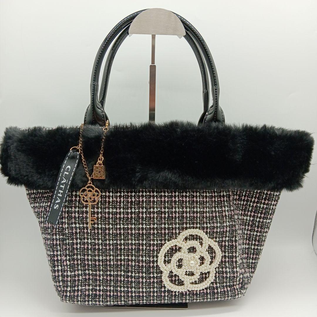 

[Б/У] 8-18 Твидовая сумка-тоут CLATHAS с мехом, Черный/Розовый