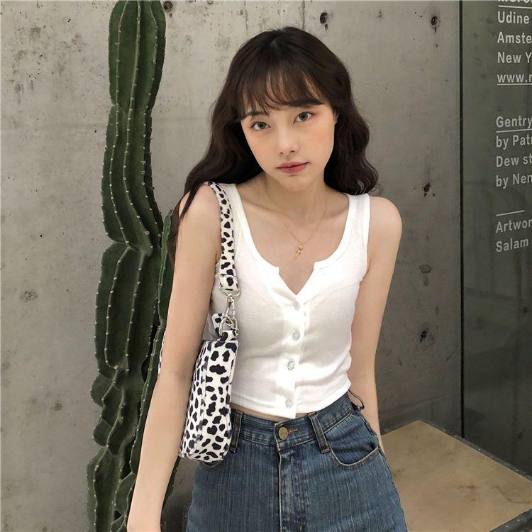Solid Women's Vest Button Sexy Tops Sleeveless Black White Fashion Lady Tees