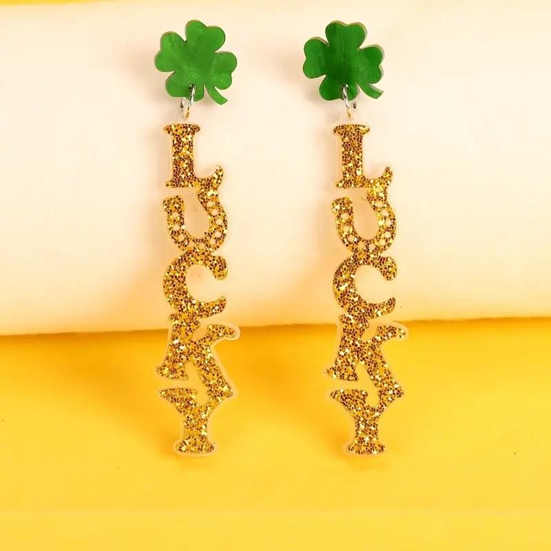 St. Patrick s Day Lucky Four-Leaf Clover Pendant Earrings 01
