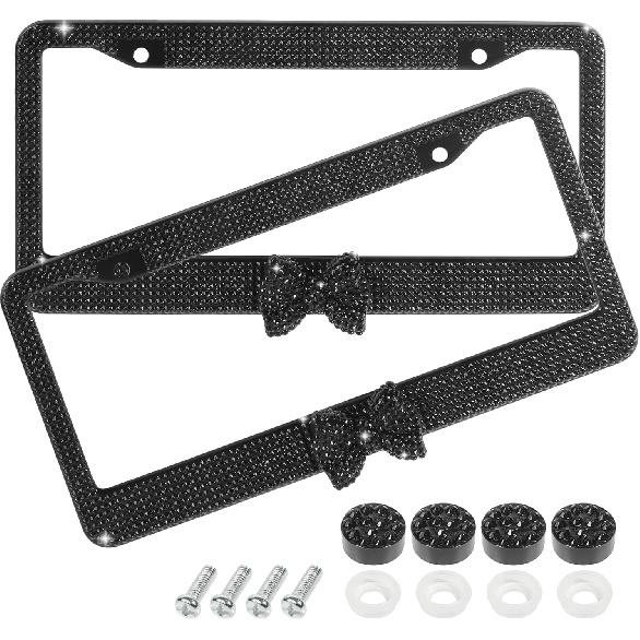 License Plate Frame,Cute Car Accessories Stainless Steel Crystal Car Plate Covers,Shiny Rhinestones Premium License Plate Holder With Mounting