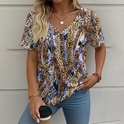 Summer Vintage  V-neck 3D Printed Leopard Pattern Top Fashionable Casual Short Sleeved Women's T-shirts
