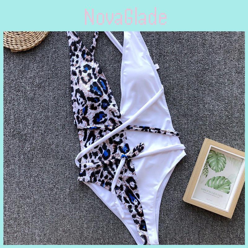 Luxurious Leopard One Piece Bikini Bathing Patchwork Padded Deep V Bandage Halter Swimsuit