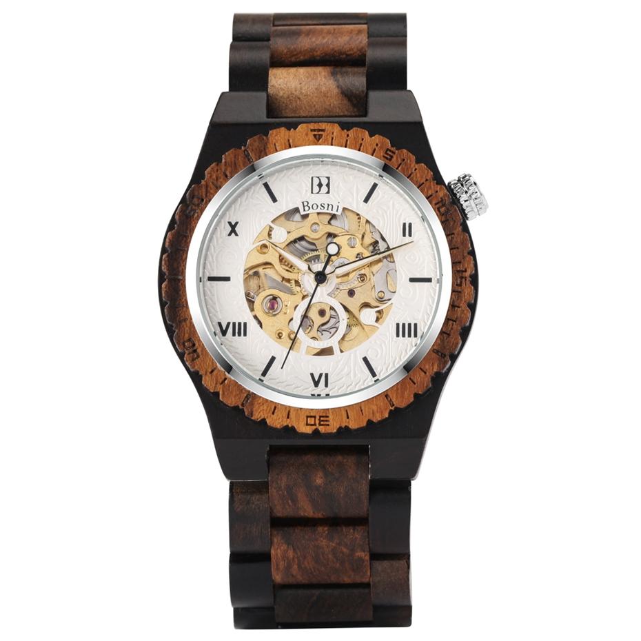 

Mens Watches Top Luxury Mechanical Retro Black Face Automatic Skeleton Wooden Watch Clock Men Full Wood Band Business Wristwatch слоновая кость