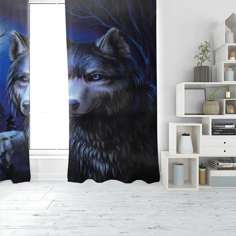 2pcs- Round Moon Grey Wolf Polyester curtains, bathroom, bedroom, living room, and home room decorative curtains