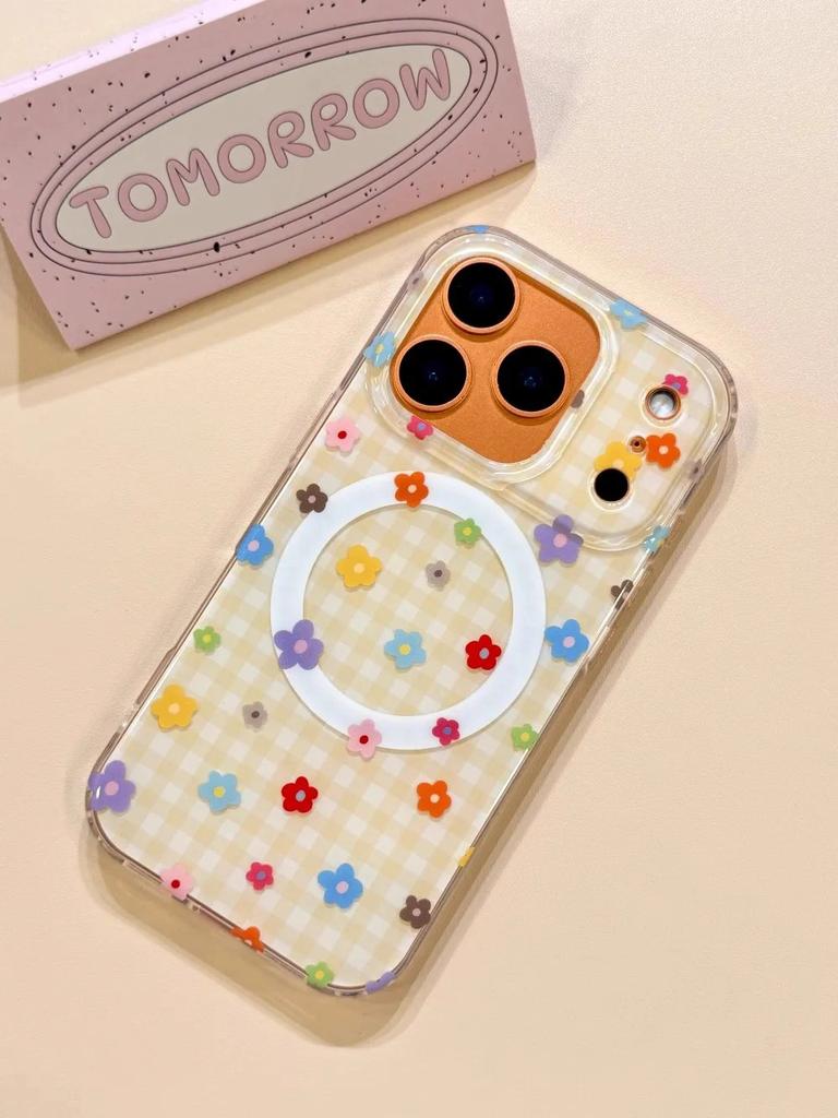 3D Cute Flower Grid Magnetic Grip Tok Phone Case for iPhone 17 16 15 14 13 Pro Max Wireless Charge For Magsafe Holder Cover