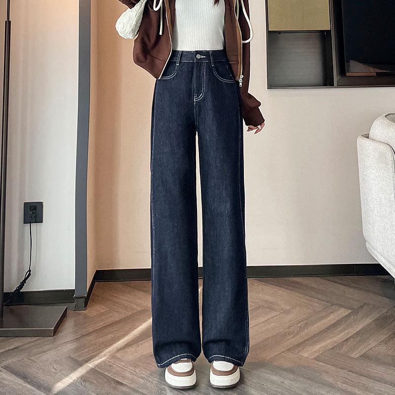 Women's Dark Blue High-Waisted Plush Wide-Leg Pants - Autumn/Winter Fleece, Straight, Loose Fit (Style 66228)