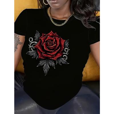 T-shirt Nera da Donna Taglia Europea a Maniche Corte con Grafica Decorata con Strass Rosa Rossa - Girocollo Casual Scintillante Decorato con Strass