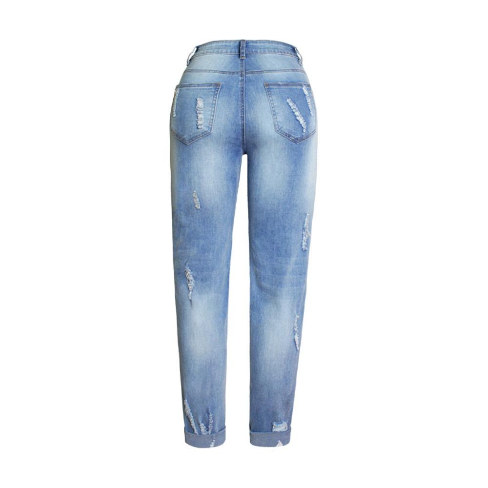 Women's Mid Rise Rose Floral Embroidery Straight Leg Jeans Distressed Cuffed Denim Pants Streetwear Casual Long Trousers
