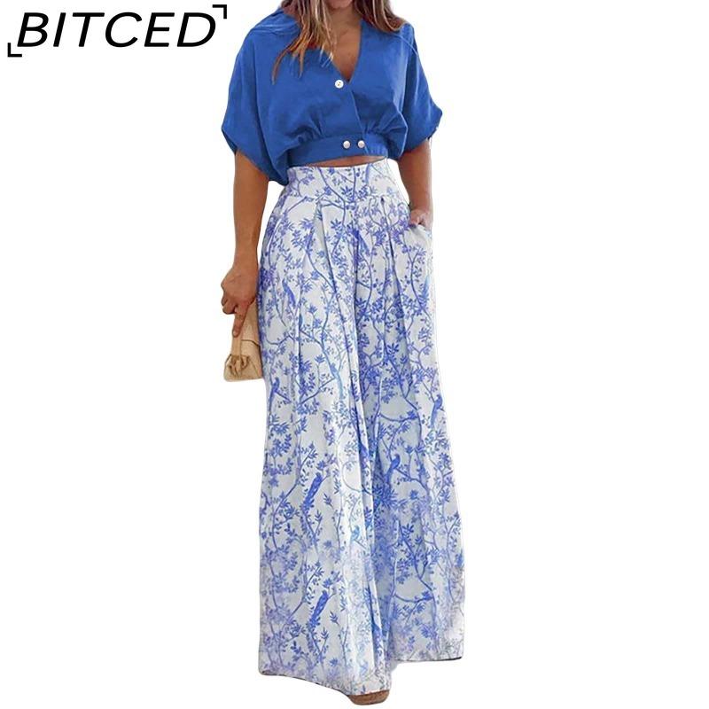 BITCED Summer Set Shirt Top with V-Neck Fashion Print Wide-Leg Trousers Stylish Set