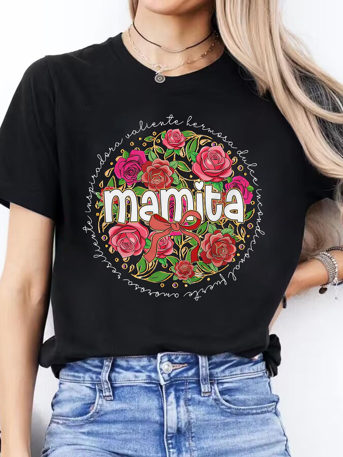 

Spanish Alphabet Print Spring/Summer Casual Round Neck Short Sleeve Sports T-Shirt for Women, Spring Fashion, Lifestyle, Relaxed Fit, Letter Graphic, S чёрный
