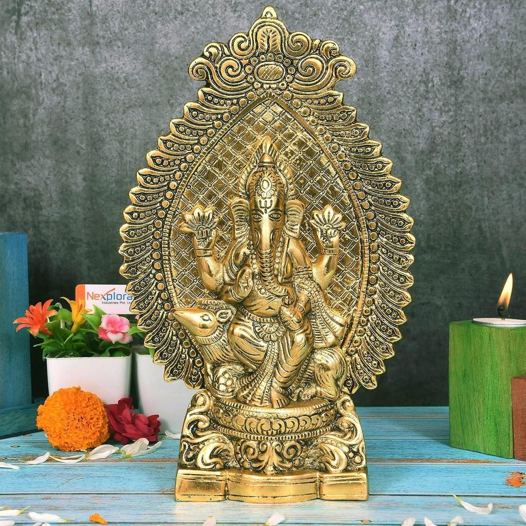 Metal Ganesh Idol Ganpati Sitting On Mouse Statue, Height 27 Cm, Gold Antique