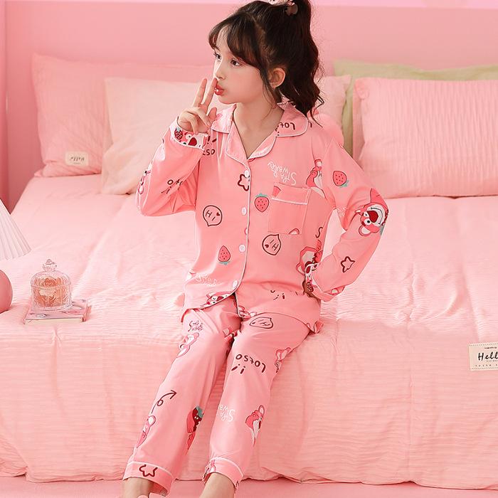 Spring & Autumn Cotton-Feel Girls' Cardigan Pajama Set - Long Sleeve & Pants