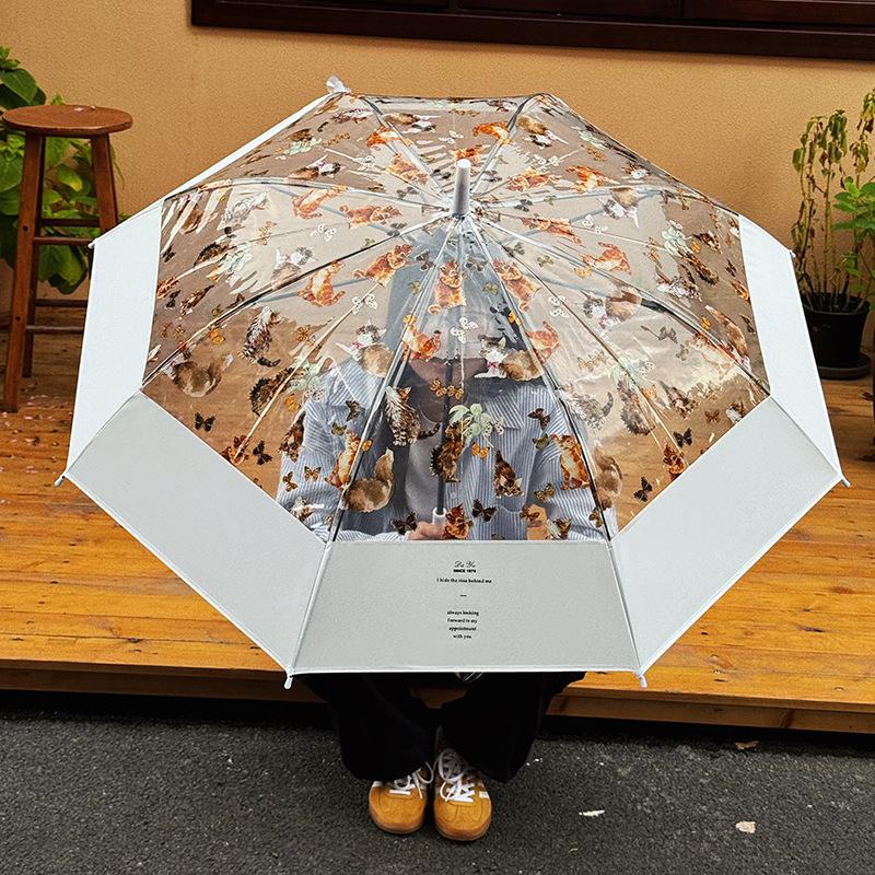 Umbrelă Transparentă Drăguță cu Pisici - Elegantă Semi-Automată cu Mâner Lung pentru Femei