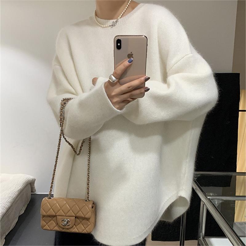 Autumn and Winter Pullover Sweater Women's Medium and Long Gentle Lazy Wind Curved Hem Top Women's High-end